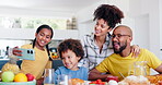 Selfie, love and family eating breakfast together in the kitchen of their home together on the weekend. Food, photograph and children with their parents in an apartment for health, diet or nutrition