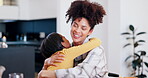 Mother, daughter and hug for love, bonding and connection at home, security and trust or support. Happy family, embrace and smile or care, relax and joy or positive, childhood and fun in motherhood