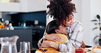 Mother, daughter and hug by food for lunch, table and bonding with love and family together with happiness. Woman, child and embrace by brunch, healthy nutrition for care wellness on vacation in home