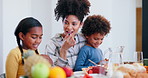 Woman, children or communication with eating by table, lunch outing or nutrition with happiness in home. Mother, son and kids with blueberries, vitamins and fruit health wellness at brunch in house