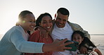 Girl children, parents and beach selfie with smile, hug or care for post on web blog with love in nature. Father, mother and daughter kids in happy family, photography or social media for sea holiday