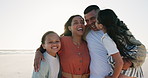 Parents, kids and beach with laugh with face, hug or care in summer sunshine, freedom and holiday. Father, mother and daughter children in happy family, portrait or vacation with comic joke in Mexico