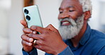 Senior man, phone and typing for communication, online search and browsing or internet for connection. Black male person, retirement and texting or technology, smartphone and chatting or mobile app