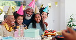 Happy birthday, photo and family with cake, celebration and presents with smile together in dining room. Grandparents, father and children with photography, party and excited with love care in home