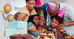 Cake, elderly woman or hug for happy birthday celebration, growth or support together in home. Candles, children or excited African people with cake, love or kids in fun party with smile or balloons