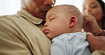 Family, baby sleeping and hands of parents in home, care and bonding with infant. Mother, father and closeup of newborn, touch and resting kid or child, connection and love, hug or embrace to support