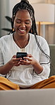 Woman, cellphone and texting laughing for connection in home or communication, gossip or networking. Black person, mobile and online dating app for message text or social media, funny post or search