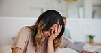 Divorce, fight and couple on a bed with stress, anxiety or cheating depression in their home. Marriage, crisis and frustrated woman overthinking in a bedroom with commitment, doubt or liar conflict