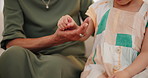 Home, grandmother and girl holding hands, closeup and support with love, empathy or compassion. Bonding together, granny or grandchild with trust, kindness or hope after cancer diagnosis with comfort