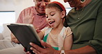 Family, video call and child wave to tablet, hello and communication with grandparents in home. Kid, smile and welcome chat online with social media connection or live stream with old people in house