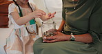 Coins, piggy bank or hands of mom with kid counting money together for learning development. Closeup, family knowledge or mother teaching a child for financial savings, planning or cash investment