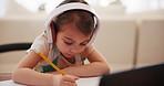 Headphones, online learning and child writing in book, studying and homework for homeschool. Virtual classroom, remote education and kid or student with digital technology for knowledge on video call
