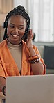 Laptop, crm and customer service with a black woman closeup in her home for support or remote work. Computer, headset and call center with a young employee consulting for virtual telemarketing
