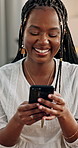 Woman, laughing or posting on smartphone on sofa, happy on social network for funny update in living room. Black person, cellphone or digital content on online media, technology or comic meme in home