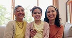 Love, mother and grandmother with child on sofa with smile, bonding and relax in living room of home with happiness. Family, women and girl kid on couch with relationship, embrace and happy in lounge