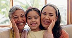 Face, grandma and mother with girl, home and support with relationship, happiness and weekend break. Portrait, generations or old woman with mama, love or cheerful with joy, relax or bonding together