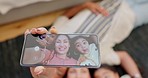 Phone screen, selfie and hands with parents, kid and home for photography, funny face and smile on floor. Father, mother and daughter with smartphone in family house, social media and post from above