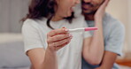 Bedroom, hug or hands of couple with pregnancy test and planning for baby together in home. Stick closeup, support or man in celebration of fertility success or good news with a happy pregnant woman