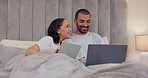 Tablet, laptop or happy couple on social media in bed for communication, web or internet connection. People, talking or woman with husband or man online to scroll on streaming technology app at home 