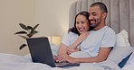 Couple, computer and relax in bed with movies, streaming service and happy planning or choice on website. Love of woman and man in bedroom typing on laptop, talking together and online search at home