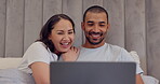 Couple, laptop and relax in bed with movies, streaming service and happy planning or choice on website. Excited woman and man in bedroom on computer with love, talking of internet search and home