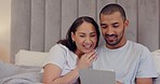 Tablet, movie or happy couple on social media in bed for communication, hug or internet connection. People, talking or woman with husband online to scroll on streaming technology app to relax at home
