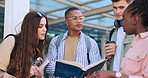 University people, book and group talking, teamwork and collaboration on education, college learning or degree study. School textbook, diversity students and friends cooperation on academy campus