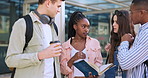 Group of students outside campus with discussion, book and debate in education, learning or talk. Knowledge, conversation and friends, men and women at university studying for college exam together.