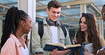 University, talking and students walking with books in discussion, conversation and speaking. Education, diversity and back of group of people together for learning, studying and knowledge at college