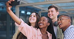 Students, group and selfie at university, happy and diversity with smile for memory, post and web blog. Men, women and friends with photography for profile picture, live streaming or social media app