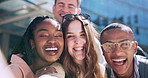Laugh, friends and face selfie of students with smile for social media, online post and memory. Profile picture, diversity and portrait of group of people for education, studying and college fun