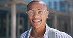 Face of man with smile outside campus, morning travel and opportunity with college education. City, travel and portrait of happy student at university for learning course, studying and future career.