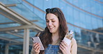 Woman, phone and texting on walk in city with smile, water bottle and reading web chat for online date. Girl, smartphone and happy for meme, social media post or blog on app, summer and metro street