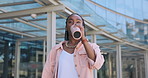 African woman, student drinking water and college on walk, thinking and vision for education in sunshine. Gen z girl, bottle and university in city with ideas, hydration and healthy drink in summer