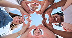 Friends group, heart hands and circle together with smile, face and love icon at university in summer. Men, women and solidarity with emoji, sign or diversity for care, support or low angle at campus