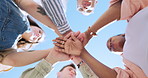 Students, group and hands stack in circle with low angle for motivation, goals or celebration at university, Men, women and friends together for winning, success or solidarity in diversity at college