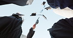 Graduation cap, people and students throw in air or sky for celebration, study success and achievement on campus below. University friends, group circle or graduate with college, school or education