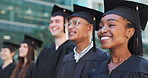 Face, university or happy graduates in ceremony or gowns standing in a line outside on campus. Diversity, degree or proud students with smile for motivation, college achievement or education success