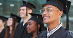 Graduation, ceremony or face of happy man on campus for education, achievement or school success. Scholarship, college diploma or excited student graduate with smile, pride or degree certificate