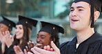 Graduation, face or happy graduate clapping on campus for education, achievement or success. Man, college class goals or group of excited students celebrate with smile, pride or degree certificate