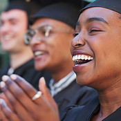 Clapping, school or happy graduates in ceremony for graduation or ...