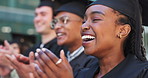 Clapping, school or happy graduates in ceremony for graduation or celebration outside together. Diversity, faces or proud students with smile for motivation, college achievement or education success 