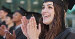 graduation, clapping or happy woman graduate on campus  for education, achievement or school success. Face, college class goals or excited students in an event with smile, pride or degree certificate