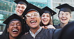 Selfie, graduation and funny with students, achievement and college with humor, expression and knowledge. Face, people or group with robes, ceremony or education with profile picture, silly or post