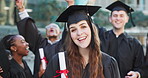 Portrait, woman or friends by graduation in certificate, students celebration or university for degree achievement. Award, cheering or education for diploma by excited, award event in smile on campus
