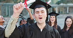 Graduation, goal or face of happy man on campus for education, achievement or school success. Scholarship winner, college diploma or excited student graduate with smile, pride or degree certificate