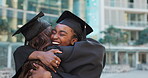 Graduation, friends hug and happy women in celebration of education achievement in university. Smile, graduate and excited students embrace, success at college event and support or congratulations