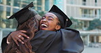 Graduation, friends hug and excited women in celebration of education achievement in university. Smile, graduate and happy students embrace, success of girls at college and support or congratulations