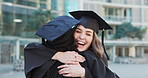 Graduation, friends hug and excited students in celebration of education achievement in university. Smile, graduate and happy women embrace together, success at college and support or congratulations