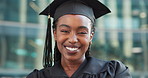 Face, achievement or black woman with graduation, education or celebration with scholarship, robe or university. Portrait, person or academic with student, happiness or smile with degree and success